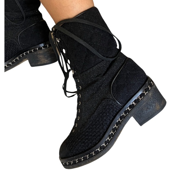 Chanel black wool tweed combat boots chain detail with certificate of authentic - Picture 3 of 16